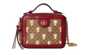 Совместная коллекция Doraemon Холщовая сумка с кожаной отделкой Миниатюрная женская сумка через плечо коричнево-красная GUCCI