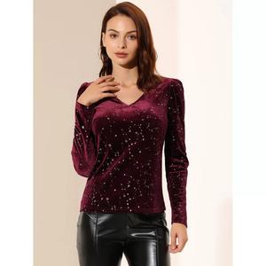 Женский бархатный топ с v-образным вырезом и длинными рукавами с позолотой и блестящими металлическими звездами ALLEGRA K, зеленый