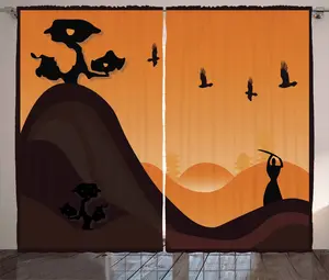 Штора ABAKUHAUS Самурай в деревенском стиле, Закатный пейзаж, универсальная ленточная штора для гостиной с петлями и крючками, 280 x 175 см, цвет: оранжево-коричневый, черный Abakuhaus