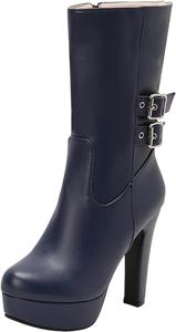 Женские кожаные ботильоны до середины голени с круглым носком, шнуровкой, панк-стилем, массивные высокие каблуки, удобные ботильоны с модной пряжкой Generic, Dark Blue