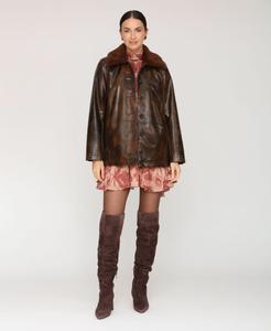 Женское кожаное пальто с контрастным воротником Avec Les Filles, Chocolate