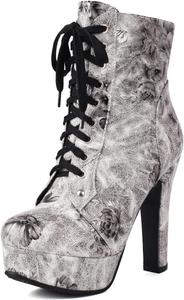 Женские ботильоны UP2STEP с кружевной шнуровкой, цветочным принтом, высокой платформой, круглым носком и массивным каблуком для вечеринок, Black