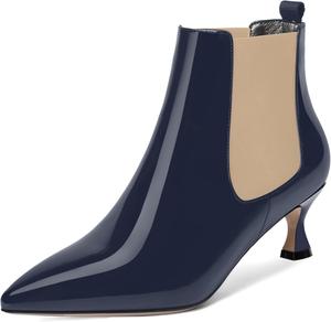 Женские офисные ботильоны WAYDERNS с острым носком, милой резинкой, лакированной поверхностью, низким каблуком-китен 2 дюйма, Beige Navy Blue