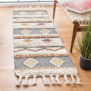 Ковер-дорожка SAFAVIEH, 69 x 244 см, Kenya Collection, Ivory & Black-Orange, ручной вязки, марокканский племенной стиль с кистями, шерсть, идеально для помещений с высокой проходимостью в гостиной, спальне (KNY904A)