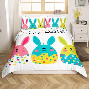 Erosebridal Комплект постельного белья Happy Easter с неоновыми кроликами и разноцветными яйцами в горошек, Pink Teal Green