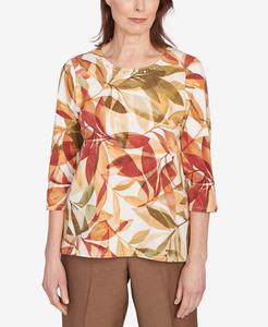 Небольшой плиссированный топ с узором листочек Alfred Dunner, Rust