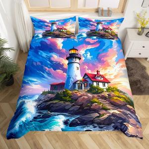 Erosebridal Водянистый маяк комплект постельного белья прибрежный пляжный дом океан морская волна приключения для детей, Blue Pink Green