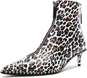 Женские модные ботильоны XYD с двойной молнией, заклепками, заостренным носком и каблуком kitten, стильные офисные туфли-бутильоны, Leopard Print