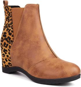 JOEUSTY Женские повседневные ботильоны с круглым носком на танкетке, модные, с леопардовым принтом, на высоком скрытом каблуке, осенние короткие ботинки