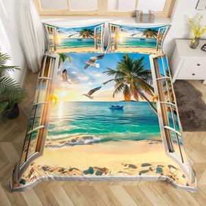 Erosebridal Комплект постельного белья Ocean Beach с гавайским закатом и морскими волнами, White Green Orange