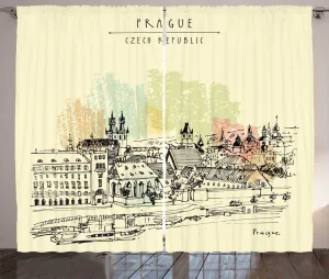 Штора ABAKUHAUS Пражский деревенский, винтажный стиль Европейский городской пейзаж, универсальная ленточная штора для гостиной с петлями и крючками, 280 x 225 см, кремовый с разноцветным узором Abakuhaus