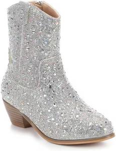 Женские западные ковбойские ботинки до щиколотки с блестящими стразами, массивным каблуком, боковой молнией и заостренным носком CQHXHDF, A-Silver