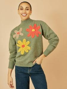 Свитер с аппликацией цветов и высоким воротником Yumi, Green