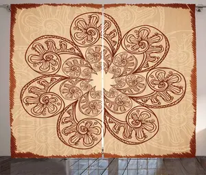 Штора ABAKUHAUS Brown Mandala Rustic, с кругами в технике зентангл, универсальная ленточная штора для гостиной с петлями и крючками, 280 x 175 см, каштаново-коричневый и бежевый Abakuhaus