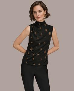 Женский топ без рукавов с металлизированной отделкой бисером и воротником-стойкой Donna Karan New York, Black/Gold Beaded