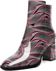 Женские стильные ботильоны AUMOTED с массивным каблуком, закрытым квадратным носком и боковой молнией, короткие ботинки, каблук 3,4 дюйма, Patent Wave