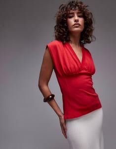 Структурированный топ Topshop без рукавов с V-образным вырезом красного цвета