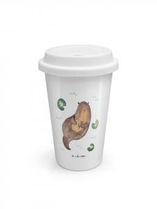 Mr. & Mrs. Panda Термокружка с изображением водяной лилии и выдры, без надписи, белого цвета