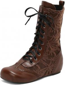 Женские винтажные плоские короткие ботинки на шнуровке с округлым носком, средние по голени, средневековые нарядные ренессансные плоские викторианские ботинки Generic, Brown