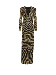 Длинное платье с вышивкой зебра Balmain, золото