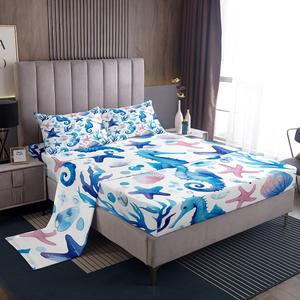 Erosebridal Комплект постельного белья Blue Seahorse с морскими животными и ракушками, принт океанской тематики для детей, Navy Blue
