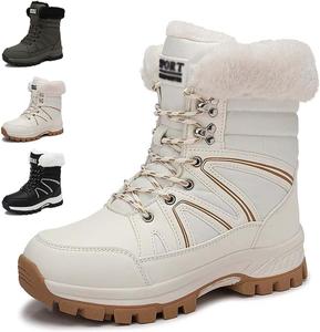 Женские зимние ботинки на снег с круглым носком, водоотталкивающие, на платформе с танкеткой, с шнуровкой, теплые с густым плюшевым утеплителем, короткие ботильоны до щиколотки Generic, Beige