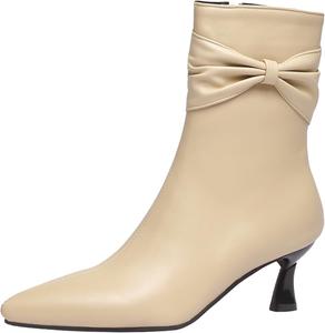 Женские ботильоны на тонком каблуке с молнией, зауженным носком и короткой посадкой с бантиками XIEPP, Apricot