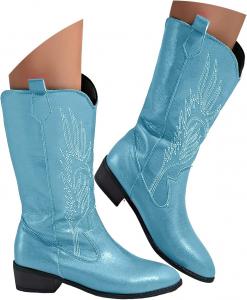 Женские блестящие ковбойские сапоги до середины икры с заостренным носком, массивным каблуком и широкой голенью, модные повседневные западные ботильоны для ношения снаружи, ретро стиль, кожаные ботильоны Generic, Blue