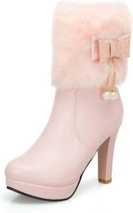 Женские зимние теплые ботильоны с бантом, искусственный мех на воротнике, круглый носок, платформа, толстый каблук, боковая молния и декор с жемчугом WOkismD, 37 Pink