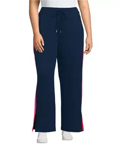 Женские спортивные трикотажные брюки больших размеров с высокой талией, свободные, прямого кроя, с полосками по бокам Lands' End, синий