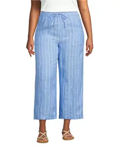 Женские льняные укороченные брюки с высокой талией и завязками на талии Lands' End, синий