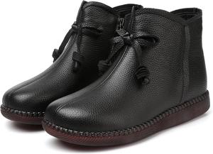 Женские ботинки на плоской подошве из натуральной кожи с бантом, ретро, с бархатной подкладкой, закругленным носком, боковой молнией, подошвой из бычьего сухожилия, высокие, повседневные, удобные и теплые для прогулок GLBDU, Black