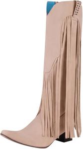 Женские модные сапоги с заостренным носком и бахромой, до колена, элегантные и повседневные, с кисточками, на массивном каблуке, вестерн-стиль для ковбоев и ковбоек Generic, Beige