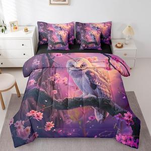 Erosebridal Комплект постельного белья Girls Owl с совиным принтом и цветущей сакурой в розовых тонах, кавай стиль для детской комнаты, Pink