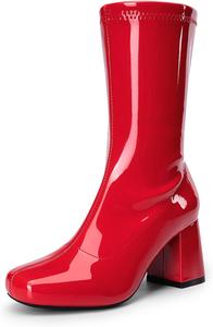 Женские сапоги DREAM PAIRS до середины голени с низким широким каблуком, квадратным носком и молнией, для вечеринок, косплея и танцев, Red