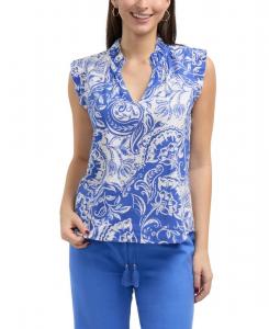 Женская блузка из смесовой льняной ткани с оборками на рукавах и воротнике Ellen Tracy, Azure batik floral