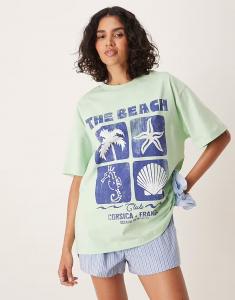 Футболка свободного кроя ASOS DESIGN с пляжной графикой в ​​шалфейно-зеленом цвете