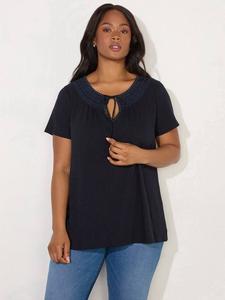 Вышитый гофрированный топ с горловиной Live Unlimited, синий