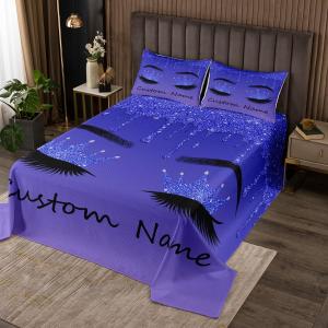 Erosebridal Комплект постельного белья Eyelash Quilt Set с блестками и именной вышивкой в темно-синем цвете для девочек, Multi 15