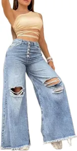 Женские джинсы с высокой талией, пуговицами спереди и широкими штанинами