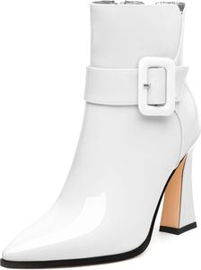 Женские ботильоны, высокие ботильоны на каблуке, ботильоны с заостренным носком, короткие модные ботинки с боковой молнией и пряжкой для женщин GUAVAIVY, White Patent