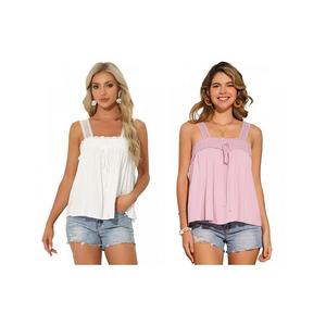 2 упаковки женских повседневных топов без рукавов с квадратным вырезом, кружевными вставками и рюшами Inspire Chic, White Pink