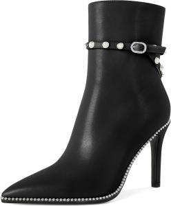 Женские ботильоны SAMMITOP, короткие сапожки с заостренным носком, стойка-кубита на высоком каблуке, модные туфли с бусинами, жемчужной пряжкой, для платья, каблук 4 дюйма