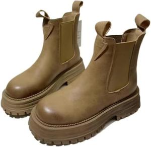 Женские кожаные ботинки челси на платформе, с эластичной вставкой, классические, удобные, с круглым носком, низким массивным каблуком и рифленой подошвой, осенние ботильоны Jefuzh, Brown