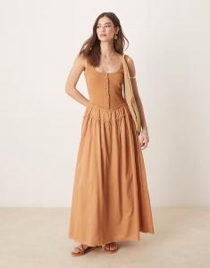 Платье макси с круглым вырезом, пуговицами и юбкой из поплина Asos Design, оранжево-коричневый