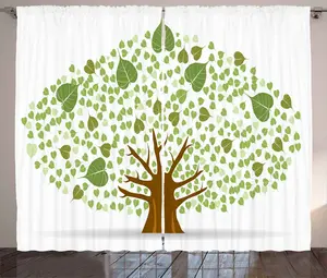 Штора ABAKUHAUS "Дерево в стиле рустик", листья инжира бодхи, универсальная ленточная штора для гостиной с петлями и крючками, 280 x 175 см, зелено-коричневый и белый цвета Abakuhaus