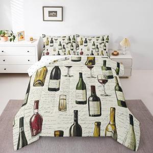 Erosebridal Комплект постельного белья Whisky Wine с винтажным принтом бутылок виски и бокалов, ретро стиль для детей, White,yellow,red,green