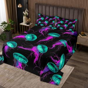 Erosebridal Комплект постельного белья Teal Jellyfish с морскими животными и фиолетовыми медузами в тропическом стиле, Multi 14