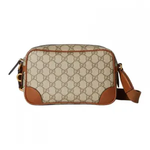 GUCCI GG Emblem Leather Trim Shoulder Bag Extra Mini Men's Beige & Dark Brown