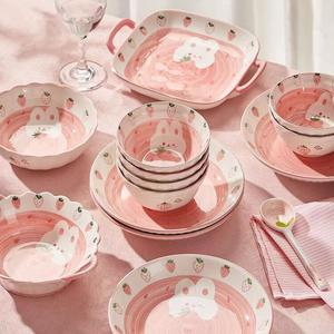 Ceramics Набор посуды Popular Strawberry Rabbit из 6 предметов: керамические миски и тарелки с подглазурным рисунком, 8-дюймовые круглые тарелки для дома